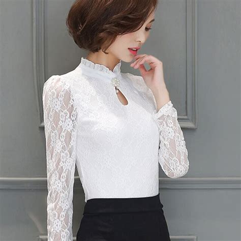 White Lace Tops Women Long Sleeve Blouses Female Ruffles Turtleneck