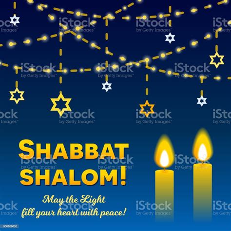 Shabbat Shalom Candles Greeting Card Lettering Stock Illustration