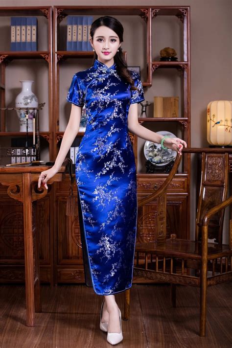 Traditional Cultural Wear Shanghai Story Faux Silk Chinese Dress Long Cheongsam Floral Qipao