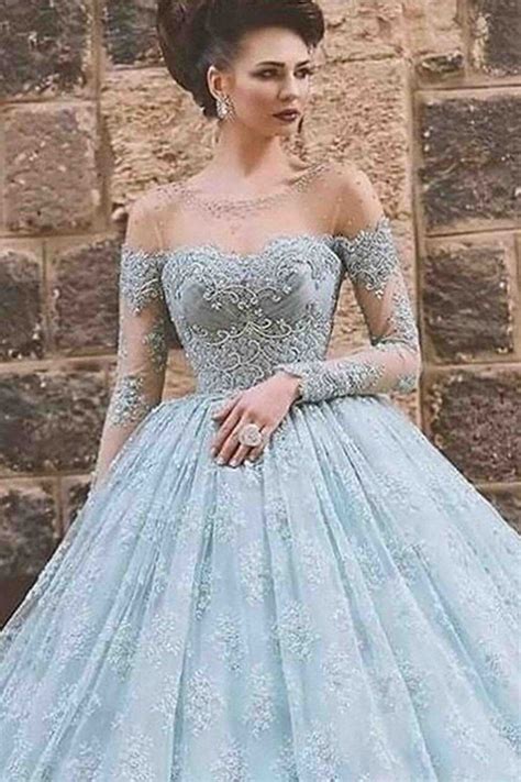 Beautiful Blue Lace Tulle Ball Gown Wedding Dress Quinceanera Dress