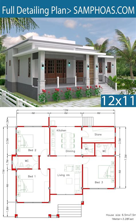 House Design With Full Plan 12x11m 3 Bedrooms Samphoas Plan Simple