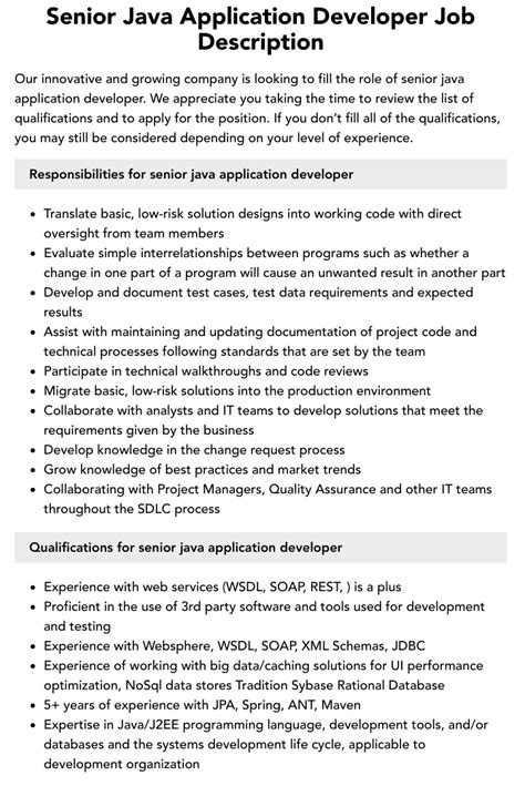 Senior Java Application Developer Job Description Velvet Jobs