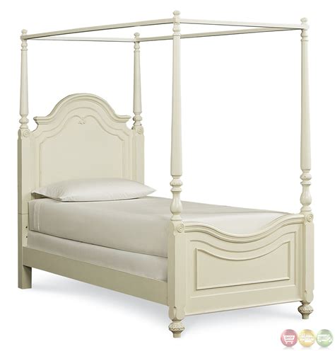 Wesley brown metal and wood full canopy platform bed. Charlotte Traditional Antique White Poster Canopy Twin Bed ...