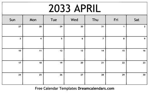 April 2033 Calendar Free Blank Printable With Holidays