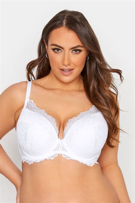 Plus Size White Lace Padded Underwired Plunge Bra Yours Clothing