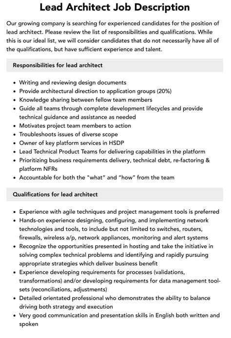 Lead Architect Job Description Velvet Jobs