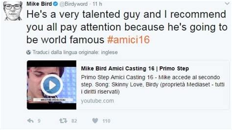 Il cantante michele merlo, lanciato da amici nel 2017, con il nome d'arte di mike bird è ricoverato sotto a quel post ora sono molti i messaggi di incoraggiamento da parte di amici, colleghi e follower. Amici 16, Morgan chiede a Mike Bird se può "tornare ...