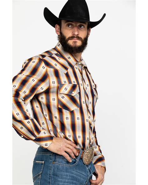 Rock And Roll Cowboy Mens Aztec Jacquard Plaid Long Sleeve Western Shirt