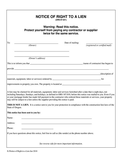 OR Notice Of Right To A Lien 2018 2021 Fill And Sign Printable