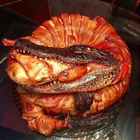 A Bacon Wrapped Smoked Alligator Eating A Smoked Chicken Rpics