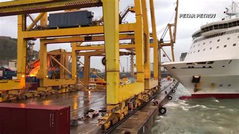 Ferry Collides With Crane Sparking Fire In Barcelona Youtube