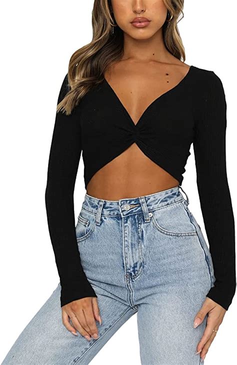 Womens Sexy Crop Top Long Sleeves Deep V Neck Tee Shirt Blouse Y2k Rib