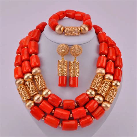 Latest Orange Nigerian Necklace African Wedding Coral Beads Jewelry Set