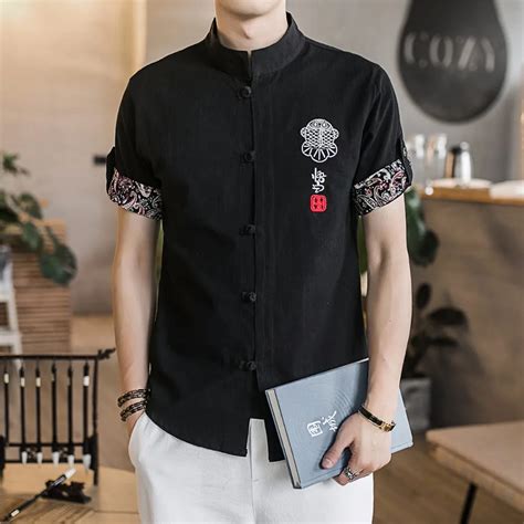 2018 Chinese Style Cotton Linen Men Shirts Short Sleeve Embroidery