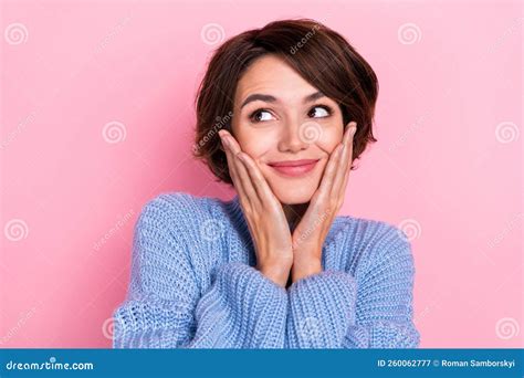 Photo Of Cute Gorgeous Lady Hands On Cheeks Look Minded Empty Space Isolated On Pink Color