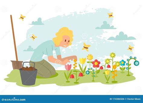 Woman Planting Flowers In Spring Garden Cartoon Character In Flat