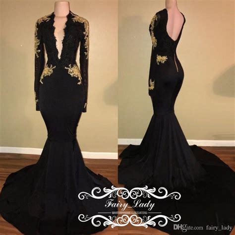 2018 Black Long Sleeve Prom Dresses Gold Lace Appliques