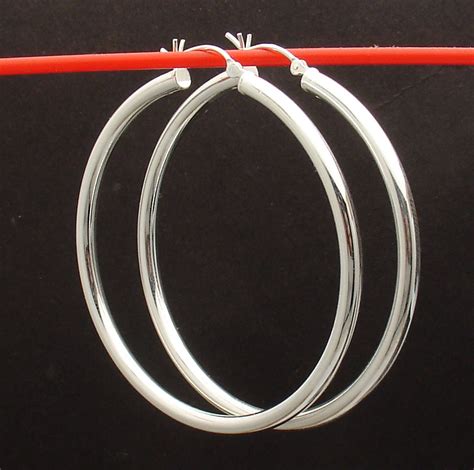 3mmx50mm 2 Large Plain Polished Round Hoop Earrings Real 925 Sterling