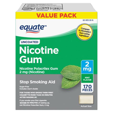 Equate Uncoated Nicotine Gum 2 Mg Stop Smoking Aid Mint Flavor 170 Count