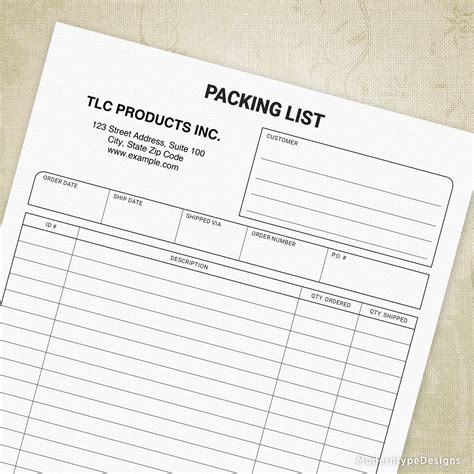 Packing List Printable Form Professional Slip Delivery Shipping Business Digital File