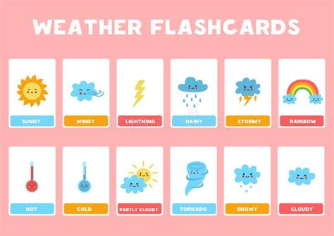 Cute Weather Elements With Names Flash Cards For Children Stock