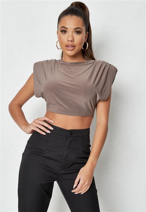 Brown Ruched Shoulder Pad Crop Top Missguided