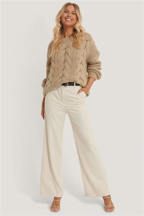 wool blend round neck heavy knitted cable sweater beige na