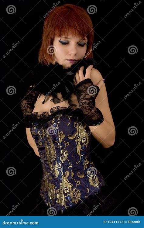 romantic girl in blue corset with feather boa stock image image of gothic elegance 12411773