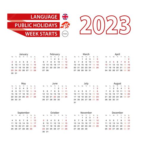 Premium Vector Calendar 2023 In English Language With Public Holidays