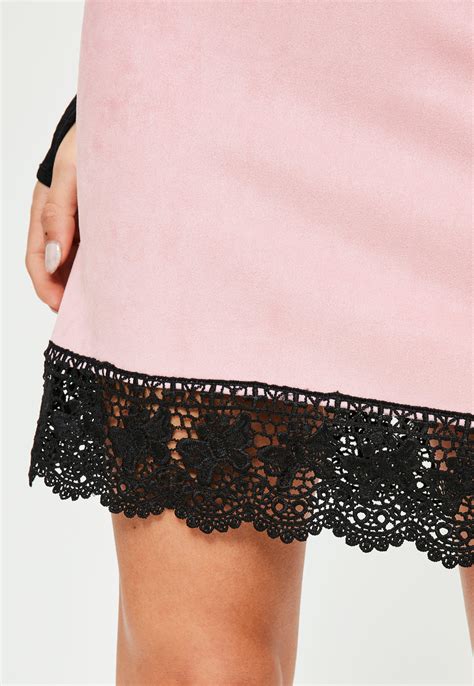 Lyst Missguided Pink Faux Suede Lace Hem Mini Skirt In Pink