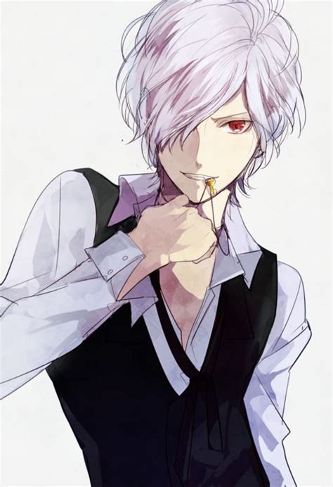 An Anime Character With White Hair And Red Eyes Wearing A Black Vest Holding His Hand To His Chest