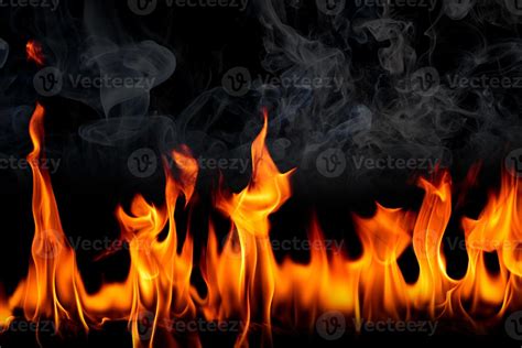 Fire Flames With Smoke On Black Background Burning Red Hot Sparks Rise