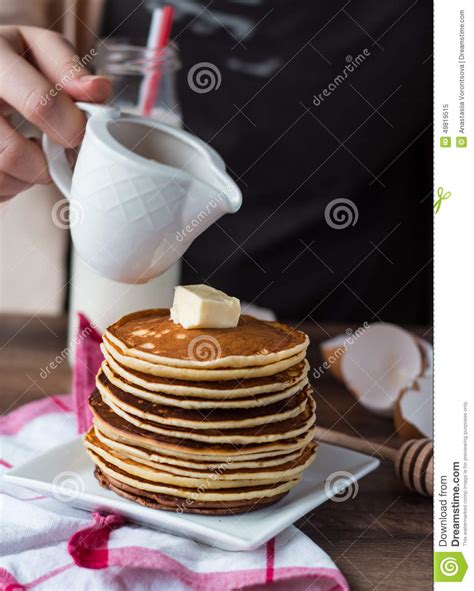 Pile Of Pancake With Butter Pour Honey Hand Stock Image Image Of