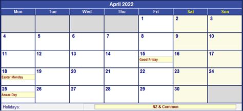 April 2022 New Zealand Calendar With Holidays For Printing Image Format