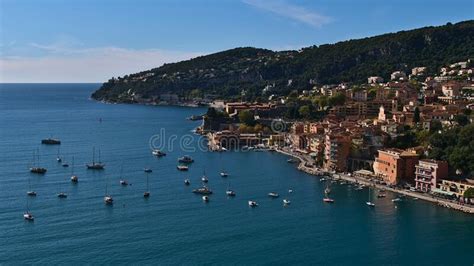 Beautiful Aerial View Of Small Town Villefranche Sur Mer At The French