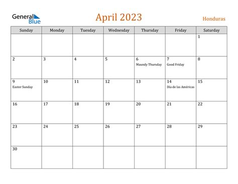 Honduras April 2023 Calendar With Holidays