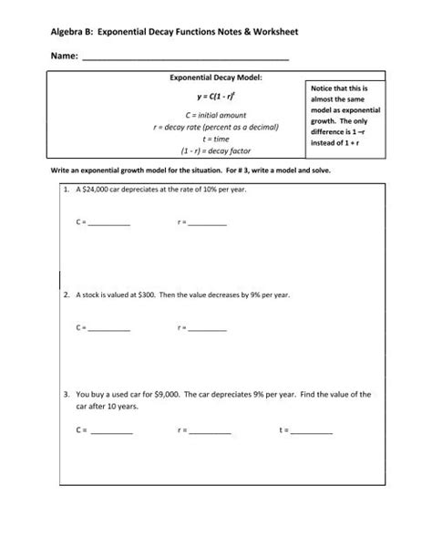 Exponential Decay Worksheet