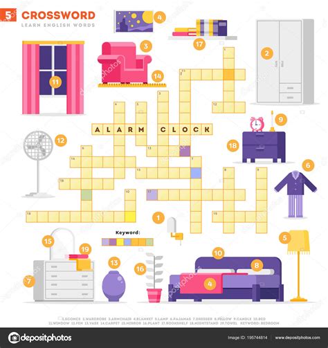 Crossword with huge set of illustrations and keyword in vector flat