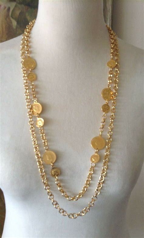 G Italy 18kt Gp Double Chain Link Necklace W Coin St Gem
