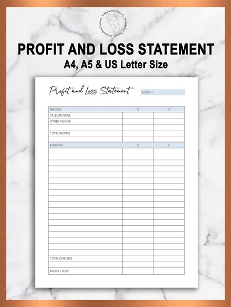 Profit And Loss Statement Printable Small Business Planner Etsy