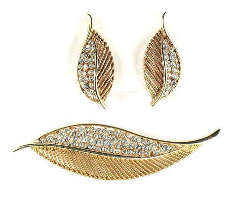 Kramer Rhinestone Leaf Vintage Brooch And Earrings From