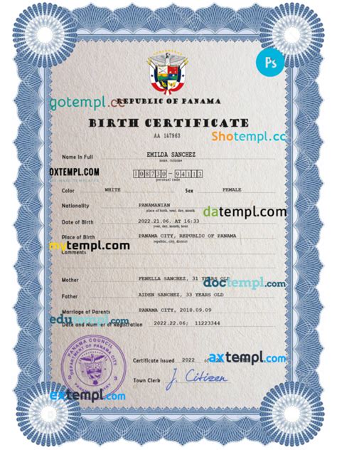 Panama Vital Record Birth Certificate Psd Template Fully Editable