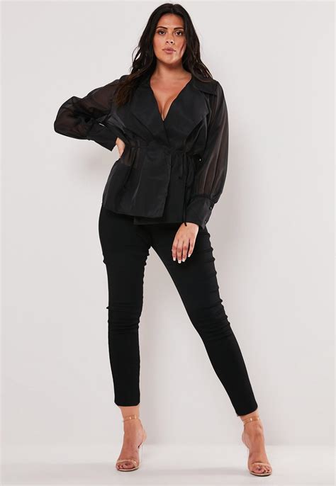 Plus Size Black Sheer Organza Belted Wrap Blouse Missguided