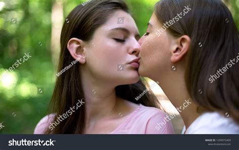 Cute Lesbians Kissing Passionately Public Demonstration Stock Photo