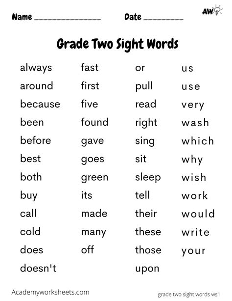 2nd Grade Sight Word Word Search
