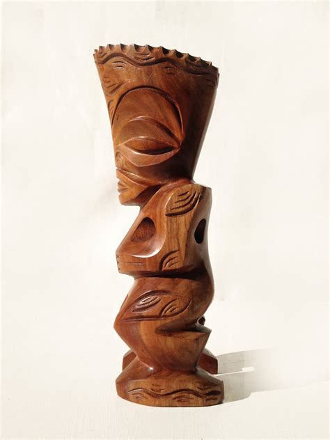 Vintage French Polynesian Tiki Wood Carved Sculpture From