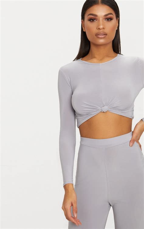 Ice Grey Slinky Knot Front Long Sleeve Crop Top Prettylittlething