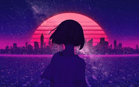 X Synthwave Night Sunset Anime Girl K K Hd K Wallpapers