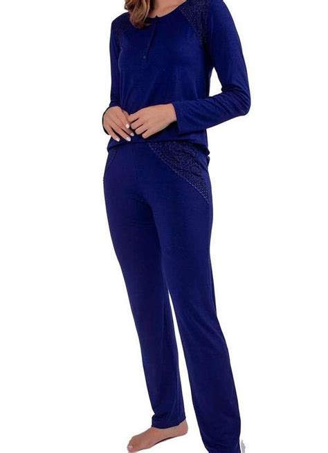 Pijama Feminino Longo Podiun 225110 Azul Profundo Meias Sao Jorge