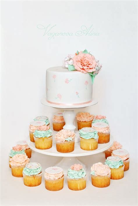 Wedding Cake In Mint And Peach Colors Decorated Cake By Cakesdecor